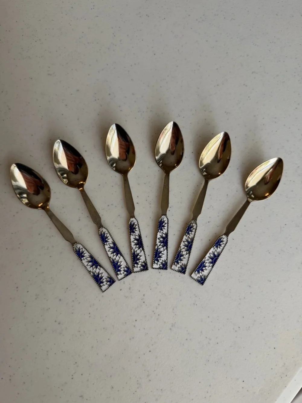Vintage USSR 875 Silver Enamel Teaspoon Set (6) Gilt Russian Cloisonné